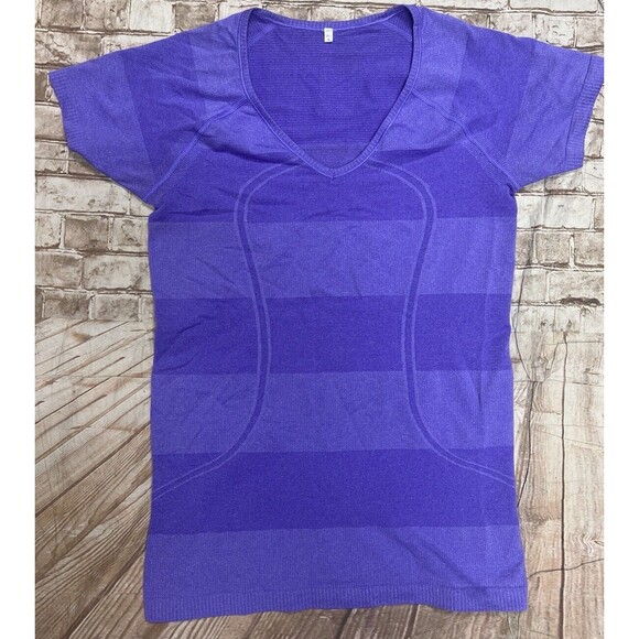 Lululemon Sz 10 Swiftly Tech V Neck Short Sleeve Power Purple Stripe - Picture 2 of 7